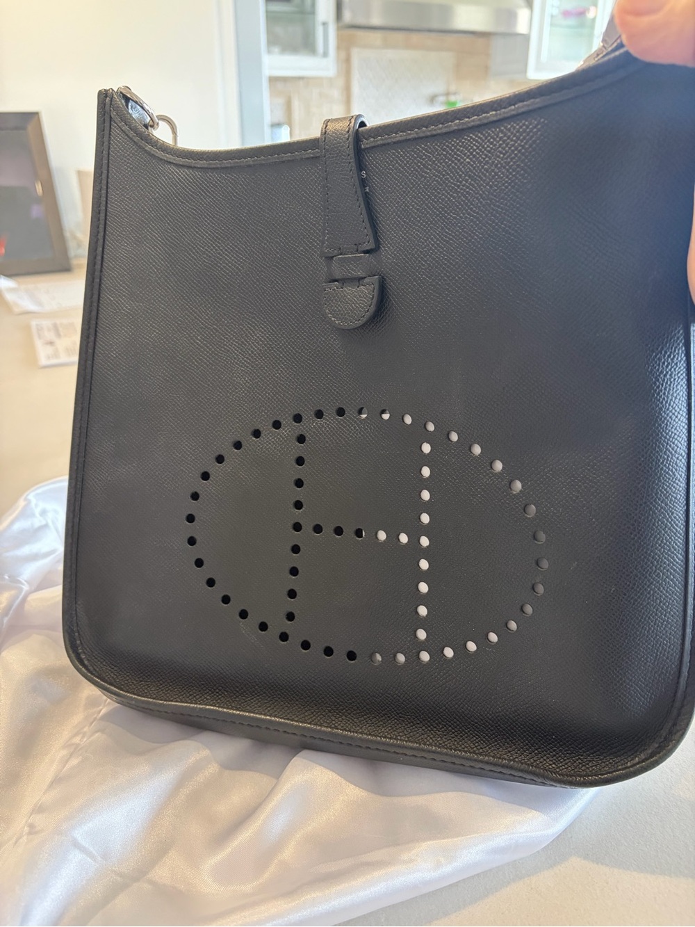Hermes Black Evelyne Textured Leather Shoulder Bag with Silver Hardware